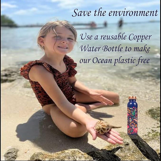 Pure Copper Water Bottle - Handcrafted - Ayurveda Health Benefits -Floral Animals Printed 35 OZ - Leak proof - Easy to carry For Sports, Fitness, Yoga, School - Vintage Enamel.