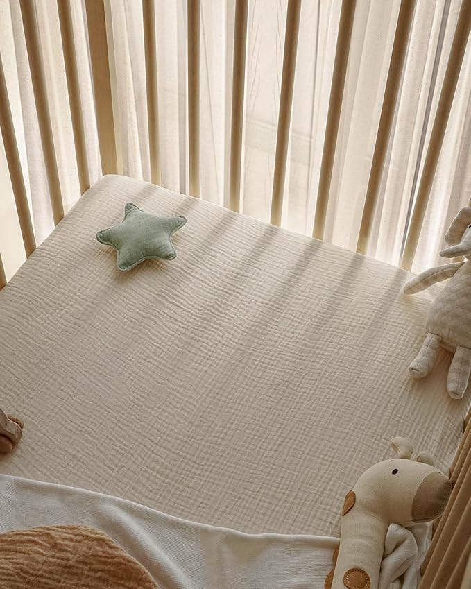 Blissful Diary Muslin Crib Sheets for Girl Boy, Boho Neutral Soft Cotton Baby Sheet for 52''x28'' Standard Crib Mattress, 2 Pack(Retro Yellow&Beige)