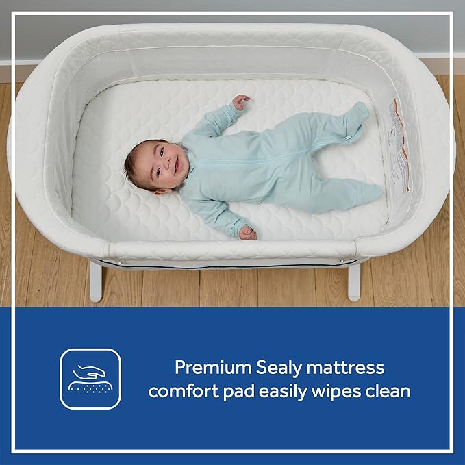 Sealy Baby Cozy Cool Breathable Airy 2-in-1 Baby Bassinet & Bedside Sleeper, Bedside Bassinet for Baby, Cooling, Height Adjustable, Stand-Alone or Bedside Sleeper, Drop-Down Panel for Easy Access