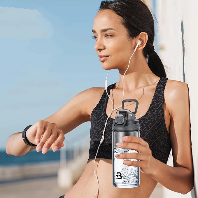 Clear Water Bottle, Reusable Sports Water Bottle Tritan with Leak-Proof Flip Top Lid and Carry Handle for Travel, Gym, Office, Outdoor (Gray, 16 Oz)