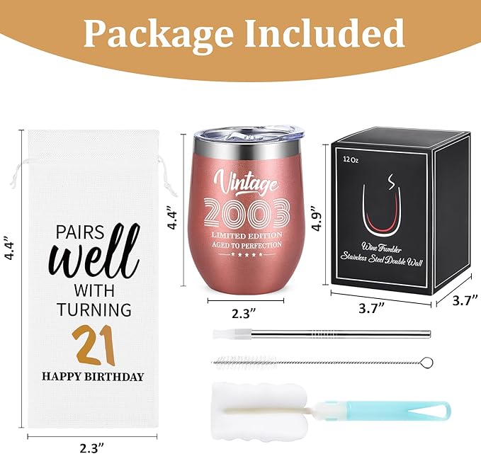 Lifecapido 21st Birthday Gifts for Her, 12oz Vintage 2003 Insulated Wine Tumbler with Wine Bag, Gifts for 21st Birthday Female, 21 Year Old Birthday Gifts for Her, 21st Birthday Presents for Daughter
