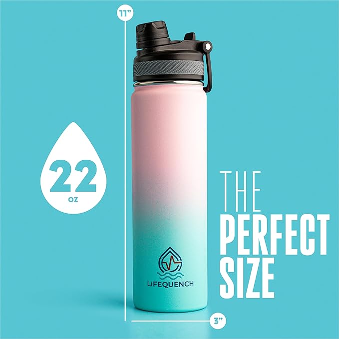 Insulated Water Bottle with Straw and Handle 22 oz-Stainless Steel Water Bottles with Straw, Dual Cap Function & Sleeve, Keeps Drinks Hot Up to 12 Hours & Cold Up to 24 Hours (Cotton Candy)