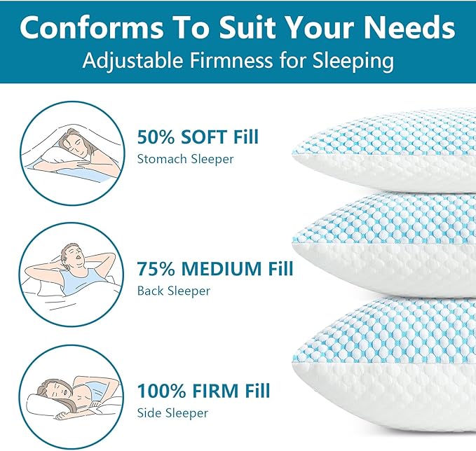 Shredded Memory Foam Pillows Standard Size Set of 2 Pack, Adjustable Cooling Bed Pillow for Side Back Sleepers with Washable Removable Cover