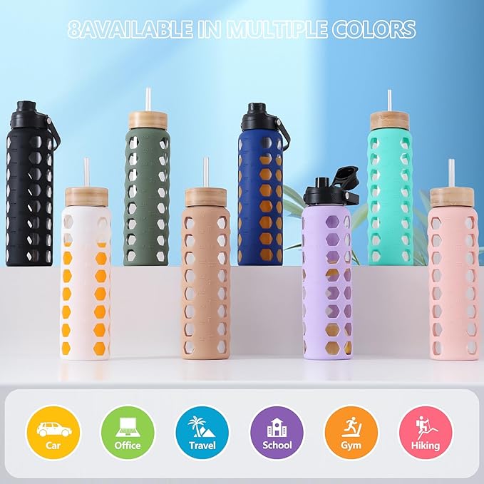 MUKOKO Glass Water Bottles, 32oz Glass Tumbler with Straw, Drinking Bottles with 2 Lids-Handle Spout Lid&Bamboo Straw Lid, Motivational Water Bottle with Time Marker and Silicone Sleeve, 1 Pack-Purple