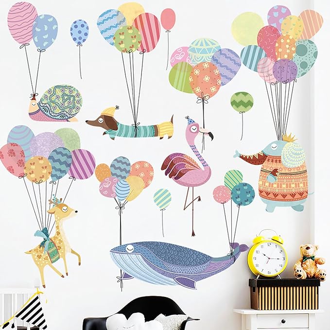 Cartoon Animals Wall Stickers Color Balloon Whale Elephant Wall Decals Peel and Stick Wall Art Decals for Kids Bedroom Baby Nursery Door Decor