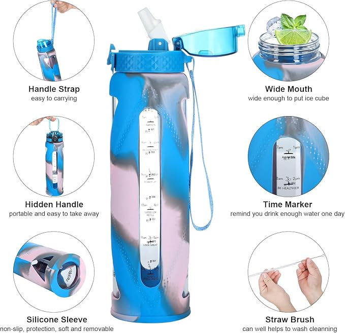 Glass Water Bottles with Straw and Flip Lid, Motivational Water Bottles with Time Marker Reminder and Silicone Sleeve, Leakproof, BPA Free (32 oz, Blue Grey & Pink)