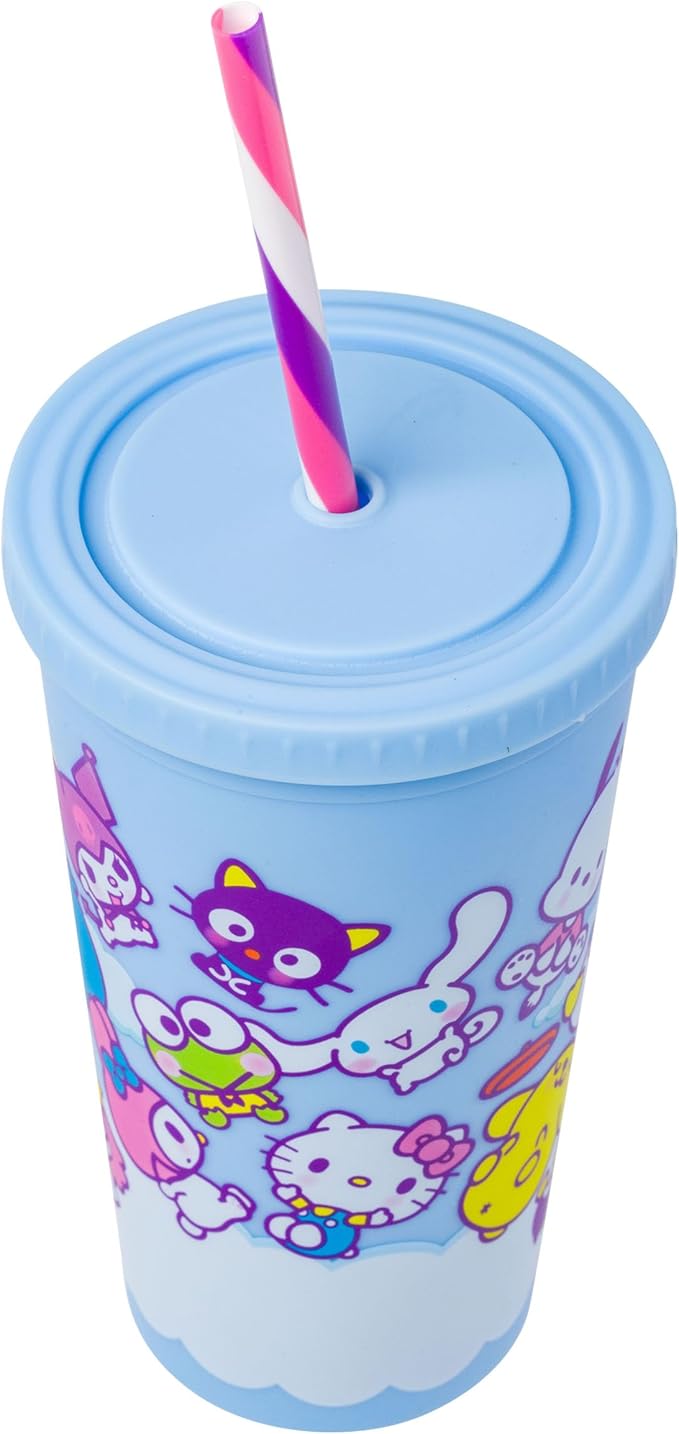 Silver Buffalo Sanrio Hello Kitty and Friends Featuring Little Twin Stars, My Melody, Kuromi, Keroppi, Chococat, Cinnamoroll, Pompompurin, Pochacco, Tuxedo Sam, Badtz-Maru Matte Plastic Tumbler, 20oz