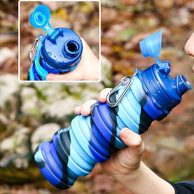 Collapsible Water Bottles Two Pack Travel Sports Portable Sport Water Bottle comes with mountaineering Buckle 500ml silicone Water-proof camping water bottle (Purple and Purple Color)