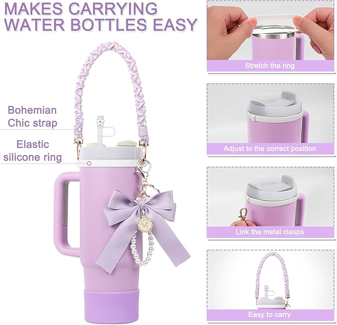 BELSITA Stanley Cup Accessories Set, Bow Pearl Chain Braided Design Water Bottle Handle Strap, Silicone Stanley Cup Boot, Stanley Charms for Stanley Cup 30/40oz Tumble (Purple)