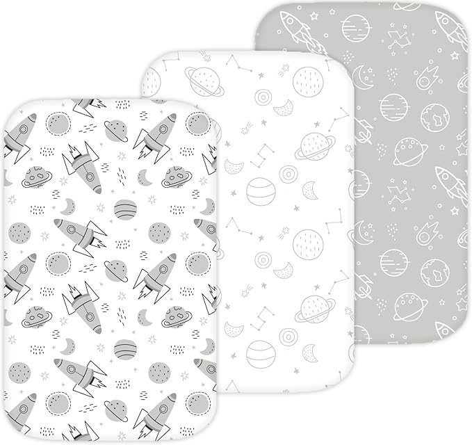 TansyPanda Bassinet Sheets for Cloud Baby, Yacul, Dream On Me Traveler, Skylar, BabyBond, Simmons, 3 Pack, 33x20 in, Ultra Soft, Breathable Snug Fit, Unisex Boys Girls, Gray White (Space Rockets)