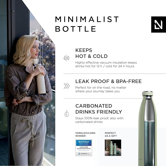 LARS NYSØM Stainless Steel Insulated Water Bottle 12oz 17oz 25oz 34oz 51oz | BPA-free Insulated Thermo Flask for Hot and Cold Beverages | Leakproof Drinking Bottle