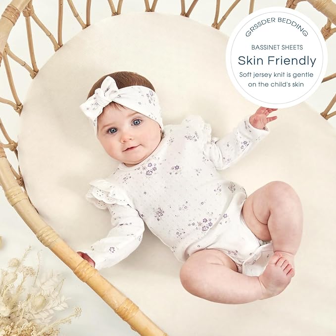 GRSSDER Stretchy Ultra Soft Fitted Bassinet Sheet 2 Pack, Universal Fit for Bassinets Baby Cradle Moses Basket Oval Rectangle Mattress Safe and Snug, Jersey Bassinet Sheets for Girls, Cream/Pink