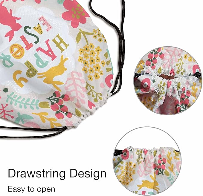 Drawstring Backpack Happy Easter Lightweight Gym Backpack Surrounding by Rabbits Pink Yellow Flower Red Berry Green Leaf for Women Men 14x16.9 Inch