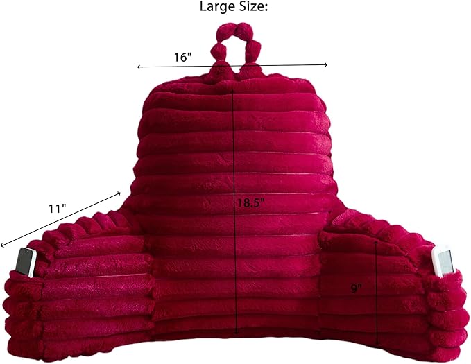 Faux Fur Fluffy Burgundy Reading Pillow with Pockets, Luxury Striped Plush Decorative, Arm Rests and Back Surport for Bed Rest, Lounging on sofa, Large