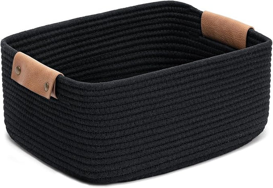 CHICVITA Rectangle Cotton Rope Woven Basket with Handles for Books, Magazines, Toys - Decorative Rectangle Basket for Baby Nursery, Living Room, Bathroom, Black