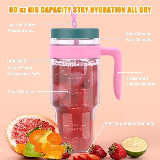 Tronco 50 oz Tritan Plastic Tumbler with Lid and Straw, BPA-Free Reusable Clear Water Bottle with Time Marker, 100% Leak Proof & Wide Mouth for Iced Coffee, Juice, Bubble Tea, Smoothies