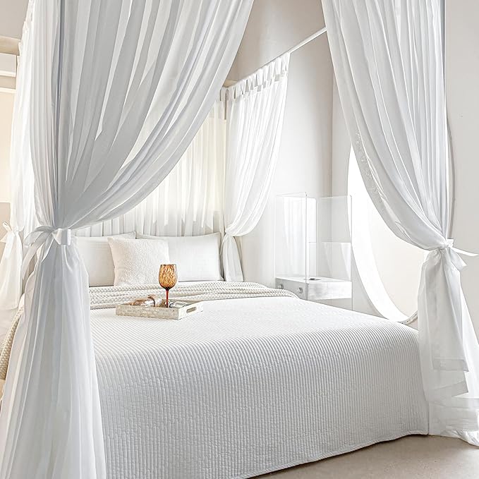 AIKASY Canopy Bed Board with Top and Self-Adhesive Velcro Strips, White Gauze Princess Bed Canopy Curtain Tent, Creating a Romantic Atmosphere in The Room(Full/Queen,White)