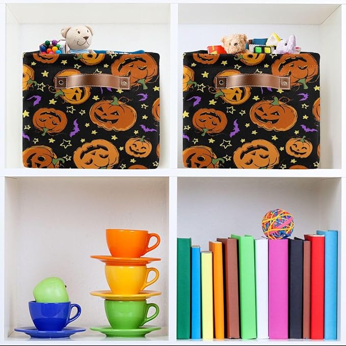 Halloween Pumpkin Spooky Storage Basket Fabric Kitchen Baskets Purple Bat Black Open Home Storage Bins Boxes Foldable Organizer Bag for Baby Cloth Pet Toy Book Shelf Closet Baskets 16×12×8 Inches