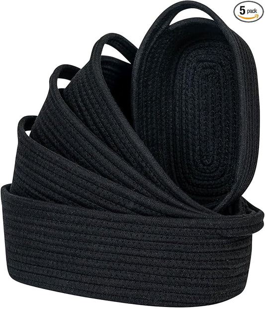 CubesLand Small Shelf Shelves Closet Basket,Woven Toy Basket Bin for Organizing,Storage Cube Organizer Basket Bin,Cute Rope Gifts Basket,Dog Cat Toy Basket Box,Over Toilet Storage Basket,Black 5-Piece