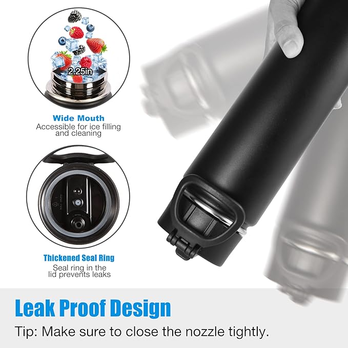 Volhoply 24oz Insulated Water Bottle With Straw Bulk 6 Pack,Metal Wide Mouth Water Bottles With Handle Lid Keep Cold,Reusable Double Wall Thermos,Powder Coated Sport Bottle For Holder(Black,6 Count)