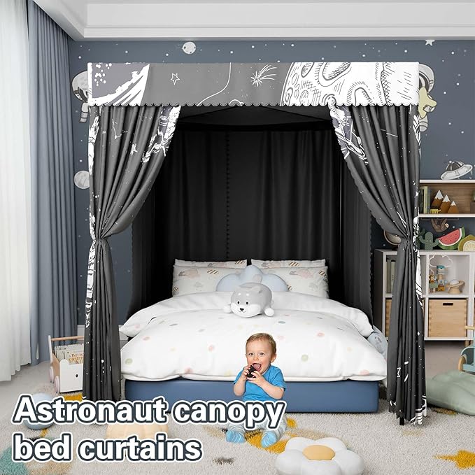 Astronaut Canopy Bed Curtains - 4 Corner Post Bed Curtains Canopy King Bed Canopy Curtains for Children Girls Bedroom Decoration(Astronaut, King)