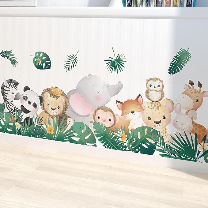 Cartoon Jungle Animals Wall Stickers Nordic Plants Zebra Panda Lion Elephant Monkey Wall Decals for Boy Kids Nursery Living Room Bedroom Children's Room Art Decorations