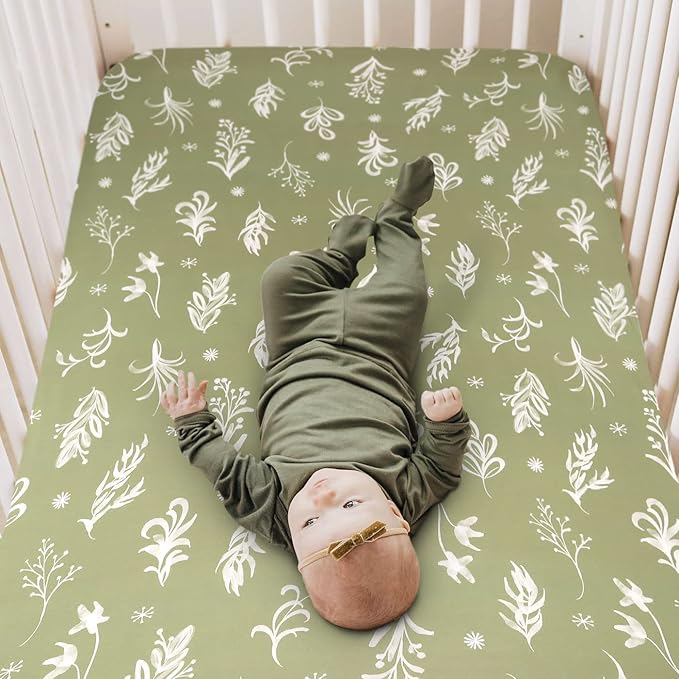 GRSSDER Stretchy Ultra Soft Jersey Knit Fitted Crib Sheets Set 2 Pack, Fits All Standard Crib Mattress Pads Safe and Snug, Stylish Botanical Olive for Baby