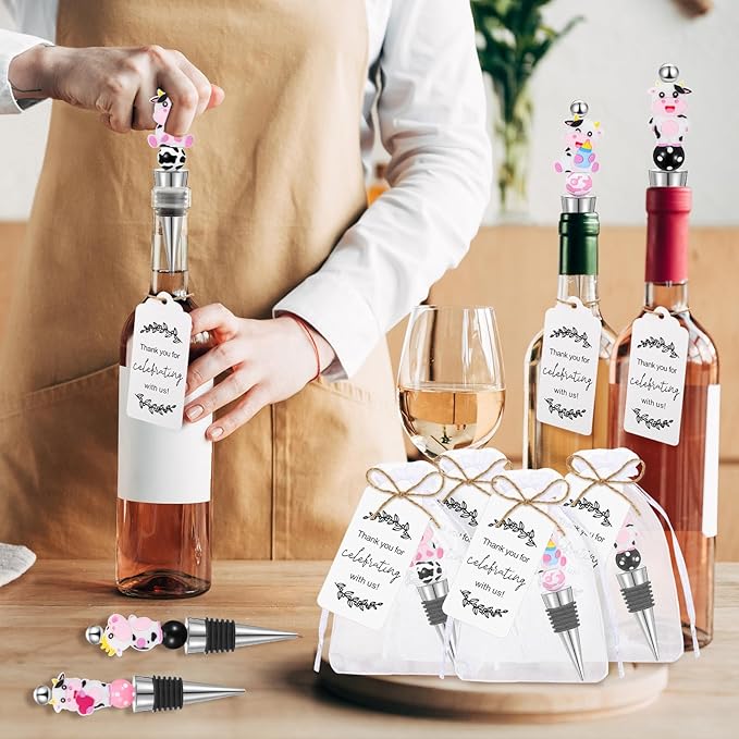 Gisafai 24 Set Cow Beadable Wine Stoppers Thank You Wedding Favors for Guests Decorative Beaded Wine Bottle Stopper with Cow Beads Organza Bag Tag for Wedding Cow Party Favor Baby Shower Gifts