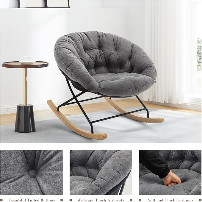 COLAMY Rocking Chair Nursery, Upholstered Glider Rocker Accent Chair Saucer Armchair with Comfy Cushions, Wood Base and Metal Legs for Living Room, Bedroom, Office, Grey
