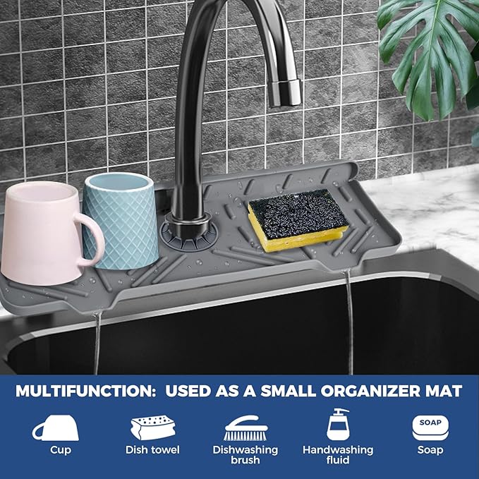 Kitchen Sink Faucet Splash Guard Silicone Sink Faucet Drying Mat Faucet Handle Drip Catcher Tray, Dish Sponge Holder Kitchen Sink Accessories Sink Protector Home Kitchen Organization Gadgets Organizer