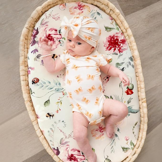 Stretch Ultra Soft Fitted Bassinet Sheet Set 2 Pack, Universal Fit for Bassinets Baby Cradle Moses Basket Oval Rectangle Mattress Safe and Snug, Beautiful Flowers and Insects Pattern for Baby Girls