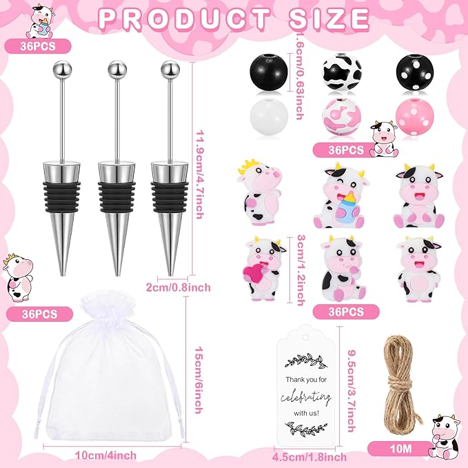 Gisafai 36 Set Cow Beadable Wine Stoppers Thank You Wedding Favors for Guests Decorative Beaded Wine Bottle Stopper with Cow Beads Organza Bag Tag for Wedding Cow Party Favor Baby Shower Gifts