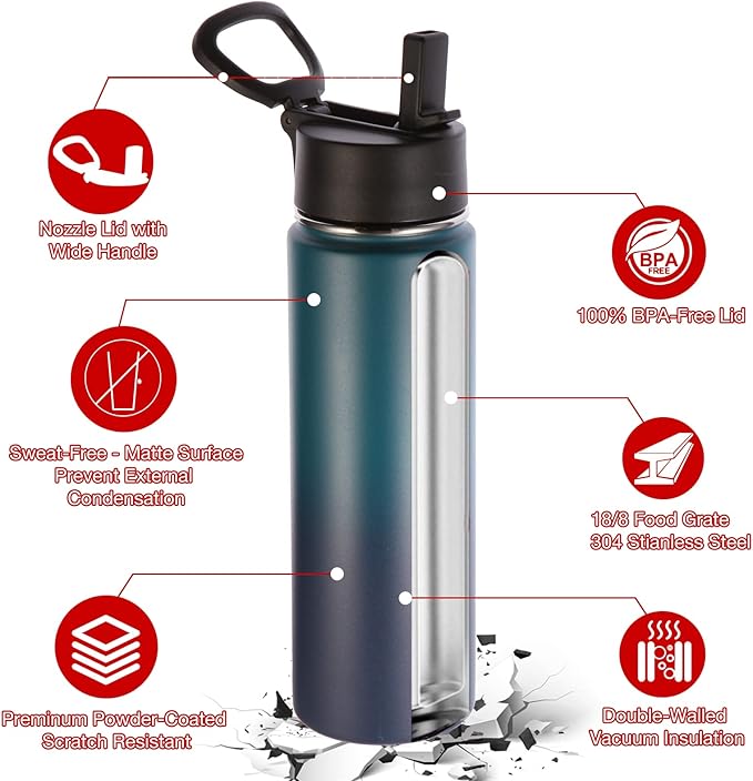 Volhoply 24oz Insulated Water Bottle With Straw Bulk 6 Pack,Metal Wide Mouth Water Bottles With Handle Keep Cold,Reusable Double Wall Thermos,Powder Coated Sport Bottle For Holder(Dark Night,6 Count)