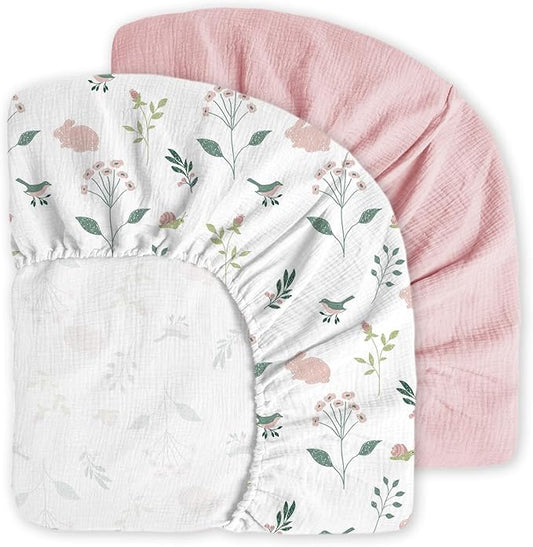 Muslin Crib Sheets, 2pk Neutral Fitted Baby Toddler Bed Sheets for Standard Crib Mattress & Toddler Bed Mattress, 28 x 52 inches, Pink Bunny