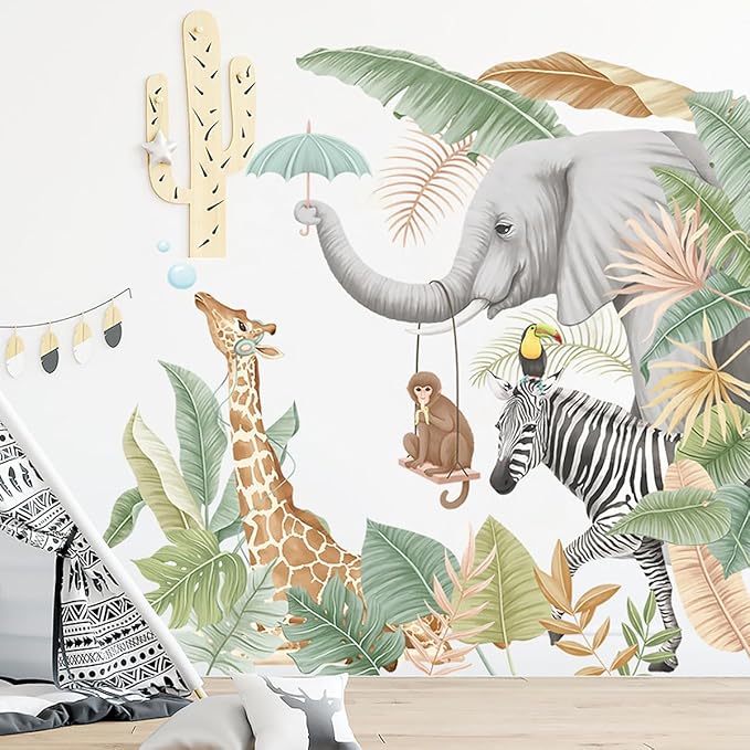 Jungle Animals Wall Stickers Wildlife Giraffe Elephant Monkey Zebra Wall Decals Tropical Plants Wall Decor for Kid Girl Baby Room Stickers Peel and Stick Wall Art Home Decor Living Room Bedroom