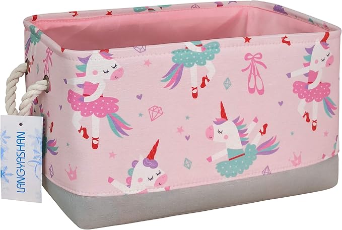LANGYASHAN Rectangular Storage Bin Collapse Canvas Fabric Cartoon Storage Basket with Handles for Organizing Home Kitchen Boys and Girls Toys Office Closet Shelf Baskets(Rec Pink Dancing Unicorn)