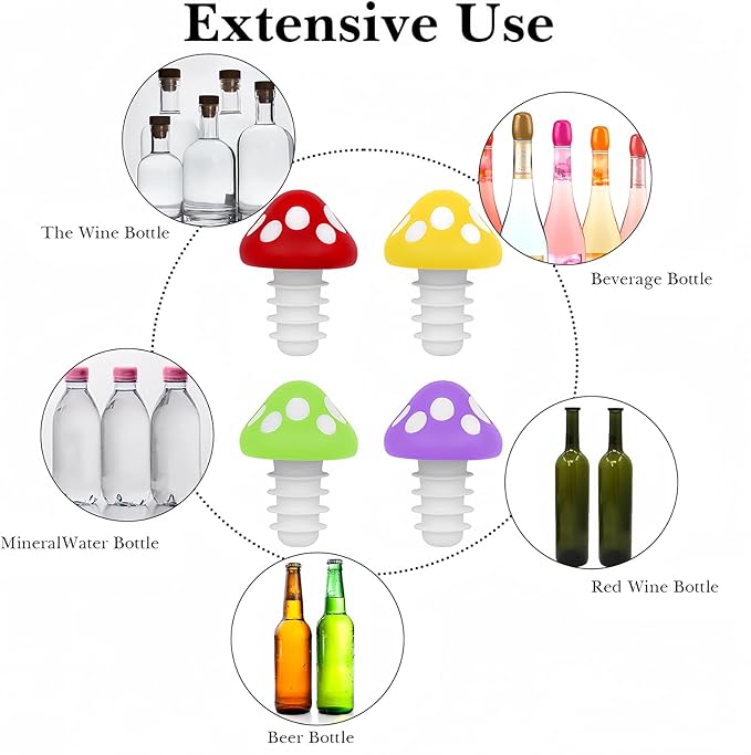 TOCCOOL4 Pack Wine Bottle Stoppers in Mushroom shape, Reusable Silicone Beverage Bottle Stopper, Beer Glass Bottle Sealer Stoppers