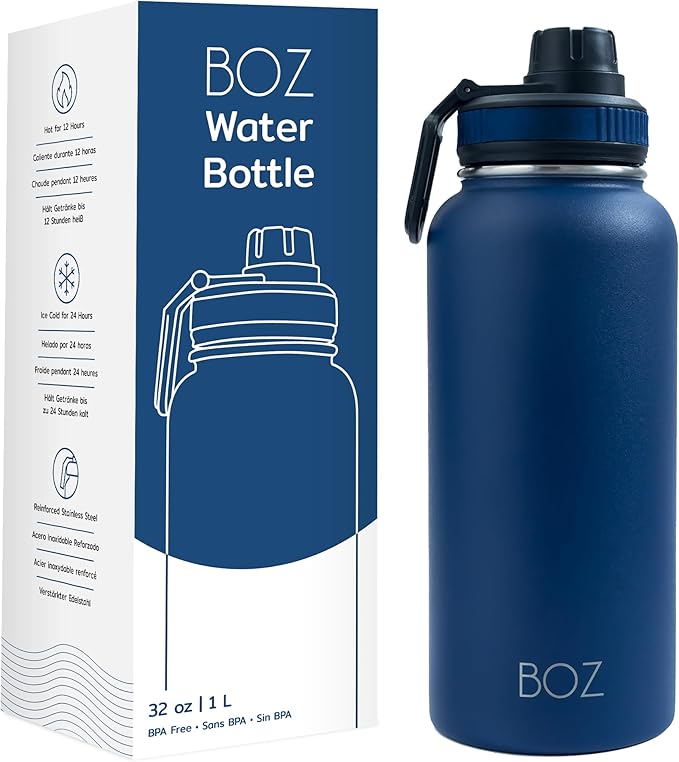 BOZ Stainless Steel Water Bottle - Vaccum Insulated Water Bottle 32 Oz - Wide Mouth BPA Free Sport Water Bottle for Gym with Spout Lid - Thermal Hot & Cold 1 Litre Blue Waterbottle
