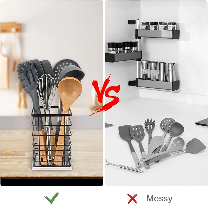 Square Kitchen Utensil Holder, Sturdy Metal Rack for Countertop Storage, Cooking Tools Organizer with Drainage Hole, Stylish Utensil Caddy for Effortless Kitchen Organization, with Marble Base
