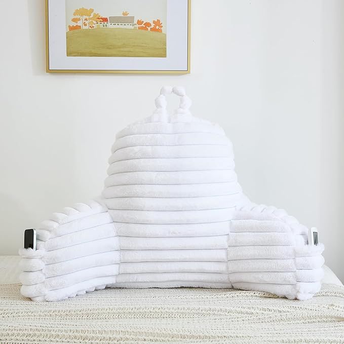 Faux Fur Fluffy White Reading Pillow with Pockets, Luxury Striped Plush Decorative, Arm Rests and Back Surport for Bed Rest, Lounging on sofa, Large
