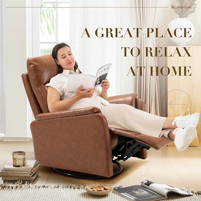 Swivel Rocking Recliner Glider Chair, Leather Reclining Rocker Chair with Footrest for Living Room, Nursery, Office, Bedroom, Ergonomic High Backrest, Wide Seat Cushion and Metal Base-Cocoa