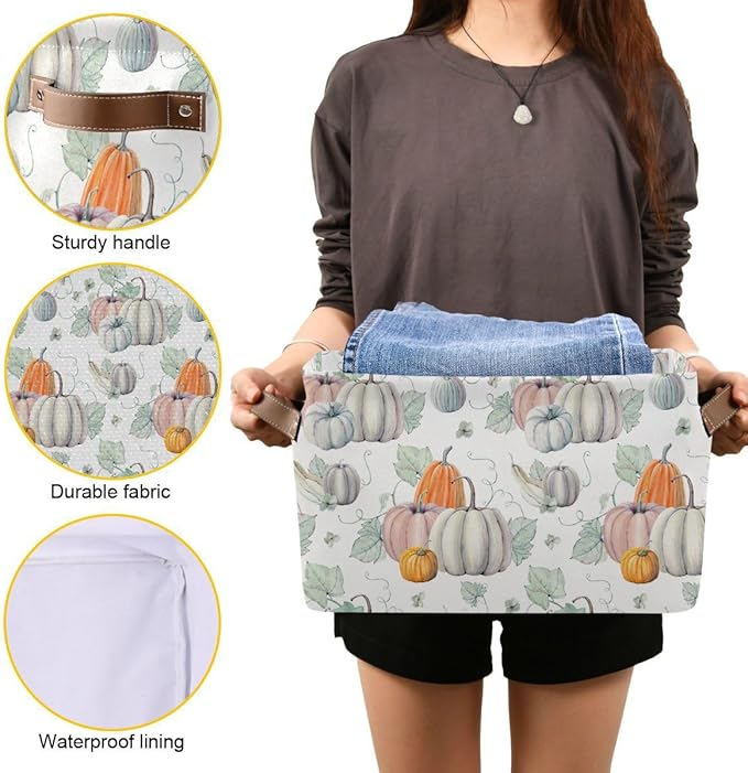Fall Pumpkin Storage Basket Fabric Kitchen Baskets Autumn Maple Leaves Open Home Storage Bins Boxes Foldable Organizer Bag for Baby Cloth Pet Toy Book Shelf Closet Baskets 16×12×8 Inches