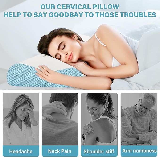 2 Pack Memory Foam Cooling Bed Pillows for Sleeping, Ergonomic Cervical Pillow for Neck and Shoulder Pain Relief, Adjustable Cold Pillow Set of 2,with Pillowcase(Blue)