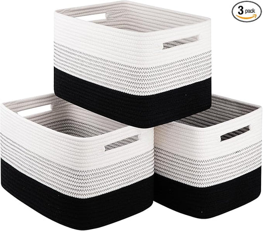 Cotton Rope Storage Basket, Woven Basket for Organizing, Rectangle Decorative Baskets for Shleves, Books, Toys, Towel Baskets for Bathroom - Pack of 3 (Gradient Dark)