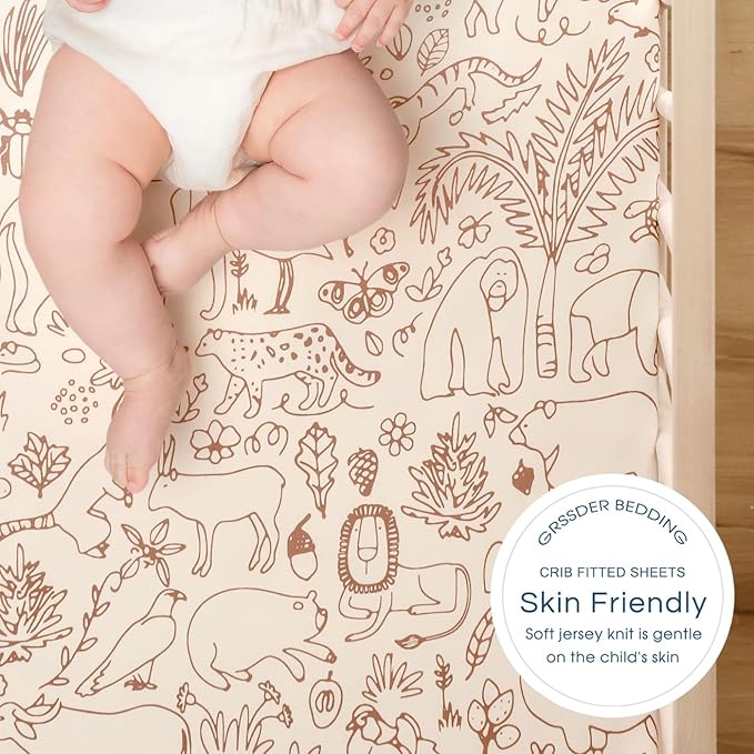 Stretchy Ultra Soft Jersey Knit Fitted Crib Sheets Set 2 Pack,Universal Fit All Standard Crib Mattress Pads Safe and Snug, Crib Fitted Sheet for Boys and Girls, Cute Animals Print