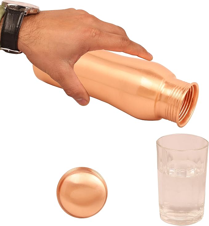 Pure Copper Water Bottle - Handcrafted - Ayurveda health benefits - Large 25.36 oz - Leak proof, Easy to carry for Sports, Fitness, Yoga, School - Natural Copper Finish