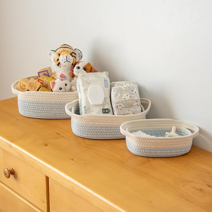 OrganiHaus Set of 5 Rectangle Bathroom Storage Baskets for Organizing, Small Woven Baskets for Storage Basket for Bathroom, Nursery Storage Basket for Baby Nursery Organization, Cute Bins, Blue/White