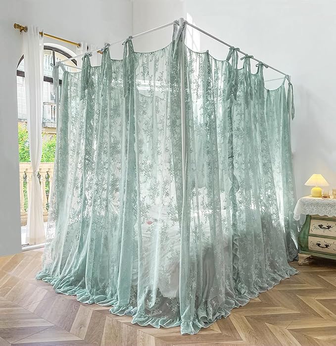 Mengersi Canopy Bed Curtains with Tie Backs,Bed Canopy Curtains Bed Drapes Sheer Lace Curtains for Bedroom Decor(King,Sage Green