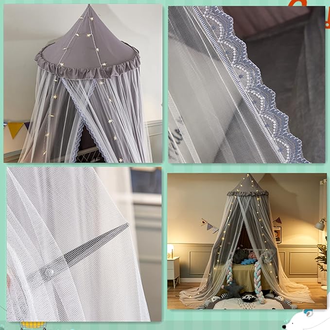 VETHIN Bed Canopy for Kids with Lights,Double Layer Princess Round Dome Children Dreamy Mosquito Net Bedding Girls Room Castle Play Tent Hanging House Decor Reading Nook Canopies(Gray/White)