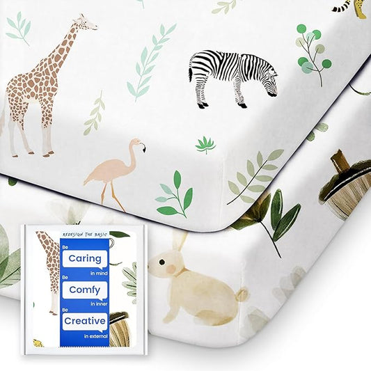 Pack N Play Sheets Fitted, TotBasic Ultra Soft Mini Crib Sheets Safari, Premium Jersey Knit Pack and Play Sheets Neutral, Stretchy Play Yard Sheets for Pack and Play Mattress, 2 Pack (Rabbit Giraff)